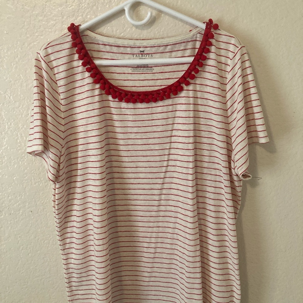 Talbots White and Pink Ruffled Short Sleeve Tee